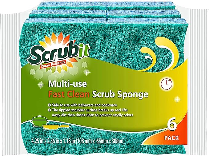 SCRUBIT Multi-Use Scrub Sponge – Non-Scratch Kitchen Sponges for Dishes, Pots & Pans - Heavy Duty & Odor-Free Rippled Scrubbing Pad, Designed for Tough Cleaning Jobs, 6 Count