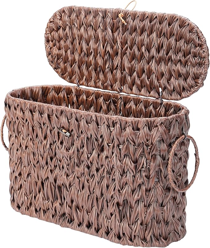 Toilet Paper Basket with Lid, Water Hyacinth Wicker Basket for Bathroom Organizers and Storage, Holds Up to 6 Mega Rolls, Decorative Hand-Woven Rattan Bathroom Decor Accessories, Brown