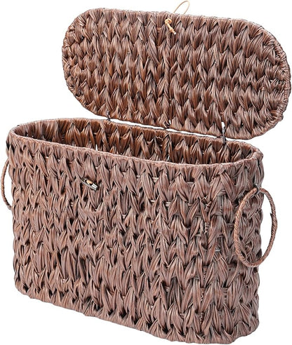 Toilet Paper Basket with Lid, Water Hyacinth Wicker Basket for Bathroom Organizers and Storage, Holds Up to 6 Mega Rolls, Decorative Hand-Woven Rattan Bathroom Decor Accessories, Brown