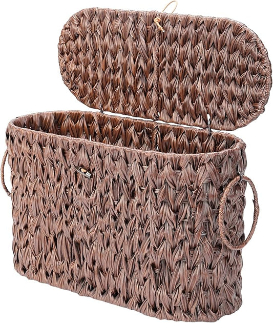Toilet Paper Basket with Lid, Water Hyacinth Wicker Basket for Bathroom Organizers and Storage, Holds Up to 6 Mega Rolls, Decorative Hand-Woven Rattan Bathroom Decor Accessories, Brown