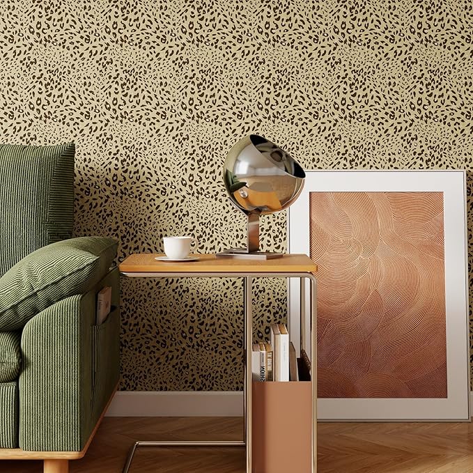 Leopard Print Peel and Stick Wallpaper – Brown & Gold Animal Pattern Removable Wall Covering for Living Room, Bedroom, Accent Wall & Home Décor – Self Adhesive, Waterproof, Easy to Install 17"x120"