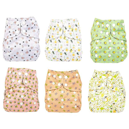 Simple Being Reusable Cloth Diapers, Double Gusset, One Size Adjustable, Washable Soft Absorbent, Waterproof Cover, Eco-Friendly Unisex Baby Girl Boy, six 4-Layers Microfiber Inserts (Bugs)