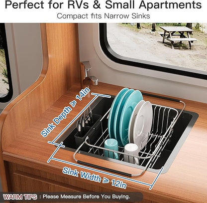 Apartment RV Small Dish Drainer Drying Rack Over The Sink In Stainless Steel for Narrow Kitchen, Counter Space Saving Compact Expandable Metal Plate Dryer Strainer, Modern Above Wire Drain Holder