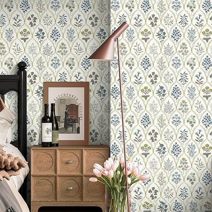 Dimoon 236"x17.3" Peel and Stick Wallpaper Contact Paper Floral Modern Removable Wallpaper Beige Wall Paper Self Adhesive Boho Contactpaper for Cabinets Drawers Blue Vintage Bedroom Thicken Vinyl