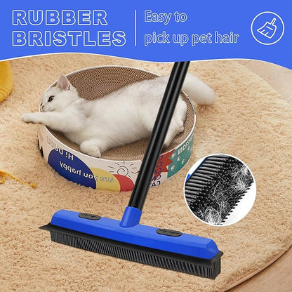 Rubber Broom Carpet Brush with Squeegee, Pet Hair Remover with 52.8 inches Long Handle, Detailing Lint Fur Removal Tool, Silicone Rug Rake for Cleaning Hardwood Floor, Tile, Window (Blue)