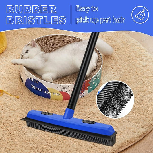 Rubber Broom Carpet Brush with Squeegee, Pet Hair Remover with 52.8 inches Long Handle, Detailing Lint Fur Removal Tool, Silicone Rug Rake for Cleaning Hardwood Floor, Tile, Window (Blue)