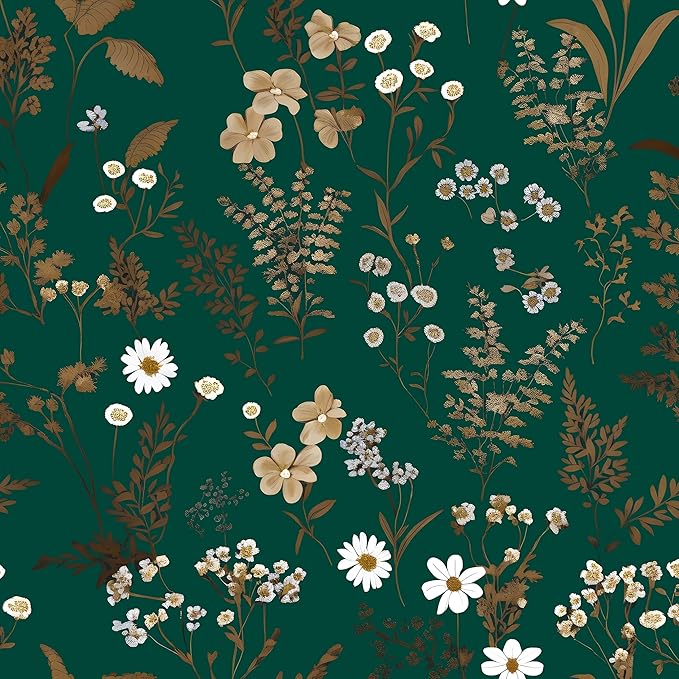 Laatse Dark Floral Wallpaper Peel and Stick 17.5in x393in Vintage Green Gold Leaf Wallpaper Vinyl Waterproof Self-Adhesive Boho Botanical Wall Paper Mural for Cabinet Bookcase Bedroom Decor