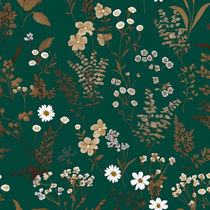 Laatse Dark Floral Wallpaper Peel and Stick 17.5in x393in Vintage Green Gold Leaf Wallpaper Vinyl Waterproof Self-Adhesive Boho Botanical Wall Paper Mural for Cabinet Bookcase Bedroom Decor