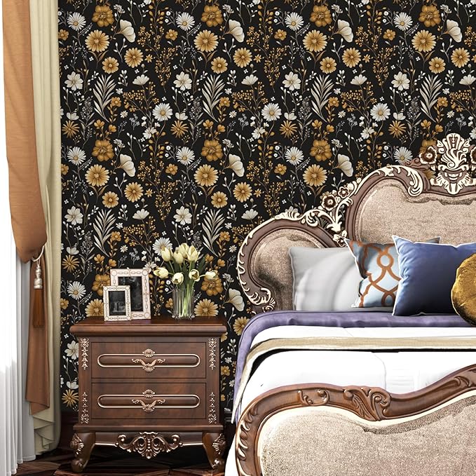 Laatse Vintage Floral Wallpaper Peel and Stick Black Leaf 17.5" x 118" Contact Paper Botanical Flower Self Adhesive Vinyl Waterproof Removable for Kitchen Bathroom Shelves Cabinet Drawer Table Decor
