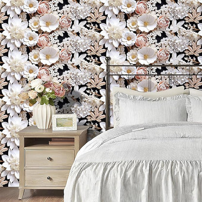 FunStick 17.5"x354" White Faux 3D Floral Peel and Stick Wallpaper Black Pink Embossed Floral Wallpaper for Bathroom Living Room Accent Wall Panels Self Adhesive Contact Paper for Walls Shelves Vinyl