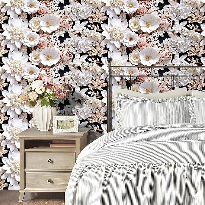 FunStick White 3D Floral Wallpaper Pink Embossed Flower Peel and Stick Wallpaper for Bedroom Wall Decor Ceiling Black White Floral Contact Paper for Cabinets Waterproof Removable Wall Paper 17.5"x118"