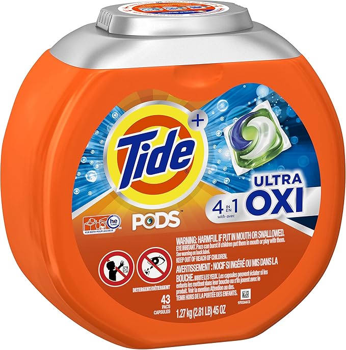 Tide PODS Liquid Laundry Detergent Soap Pacs, 4-n-1 Ultra Oxi, HE Compatible 43 Count, Built in Pre-treater for Stains