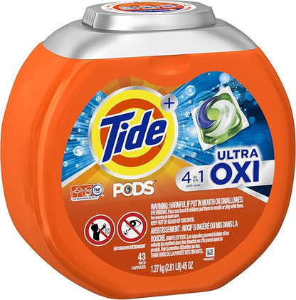 Tide PODS Liquid Laundry Detergent Soap Pacs, 4-n-1 Ultra Oxi, HE Compatible 43 Count, Built in Pre-treater for Stains