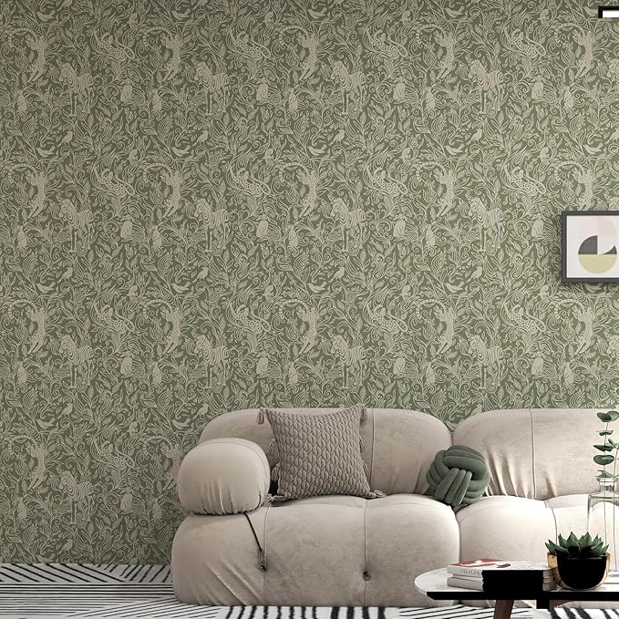 Vinjiasin Boho Safari Animal Wallpaper, Green Neutral Tone Jungle Leopard Zebra Bird Peel and Stick Wallpaper,Waterproof Contact Paper for Nursery Bedroom Living Room Home Decor 17.7" x 78.7"