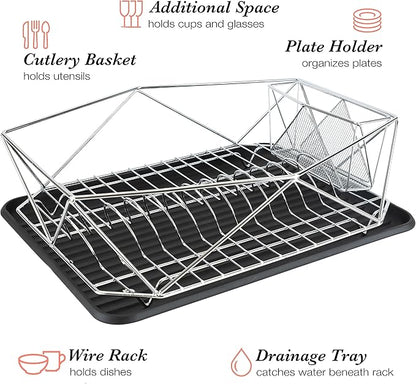 Kitchen Details Geode Deluxe Dish Drying Rack with Drain Board | Cutlery Basket | Utensil Holder | Iron Frame | Chrome