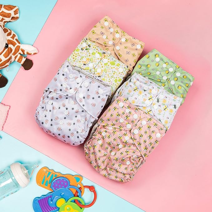 Simple Being Reusable Cloth Diapers, Double Gusset, One Size Adjustable, Washable Soft Absorbent, Waterproof Cover, Eco-Friendly Unisex Baby Girl Boy, six 4-Layers Microfiber Inserts (Bugs)