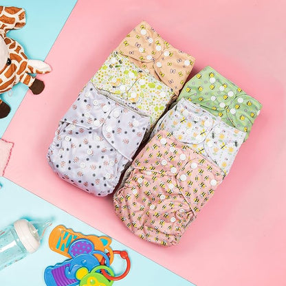 Simple Being Reusable Cloth Diapers, Double Gusset, One Size Adjustable, Washable Soft Absorbent, Waterproof Cover, Eco-Friendly Unisex Baby Girl Boy, six 4-Layers Microfiber Inserts (Bugs)