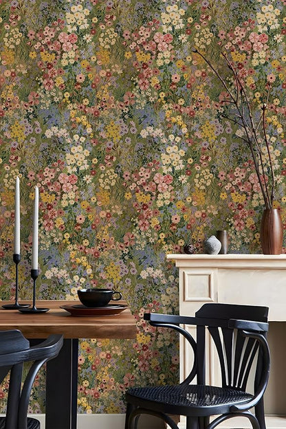 Floral Wallpaper Peel and Stick Boho Wall Paper Removable Waterproof Green Petal Pattern Contact Paper for Bedroom, Bathroom, Home Wall 17.3" x 393.7"