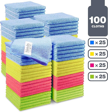 Turkish Microfiber Cleaning Cloth of 4 Colors | 20% Polyamide for Elevated Liquid Suction | Must Have Drying Supply for Kitchen and Home Accessories | Rags with Reinforced Edges, Pack of 100