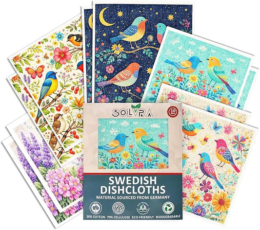 10 PCS Birds Print Swedish Dishcloths for Kitchen 100% Biodegradabl, Reusable Cellulose Sponge Cloth, Ultra Absorbent, Eco Friendly Cleaning Towels | Dishcloths for Washing Dishes & General Cleaning