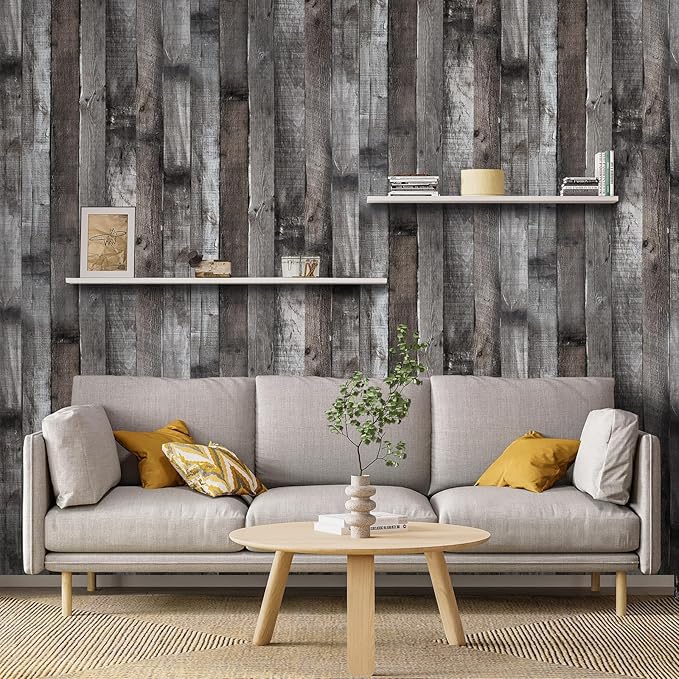 Yun-aeon Natural Wood-Dark Grey Wood Contact Paper Peel and Stick Wallpaper 34.6"x 480" Self Adhesive Removable Vintage Faux Wood Wall Paper Plank Shelf Home Decoration Kitchen Counter Cover Use