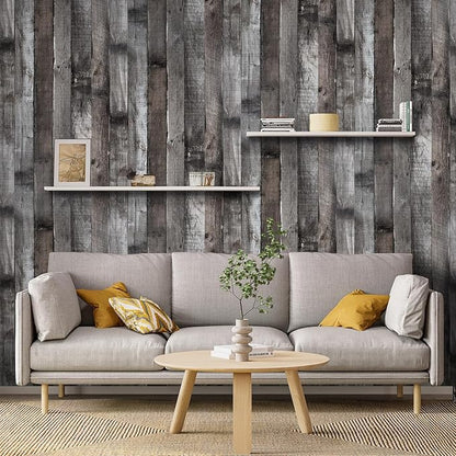 Yun-aeon Natural Wood-Dark Grey Wood Contact Paper Peel and Stick Wallpaper 34.6"x 480" Self Adhesive Removable Vintage Faux Wood Wall Paper Plank Shelf Home Decoration Kitchen Counter Cover Use