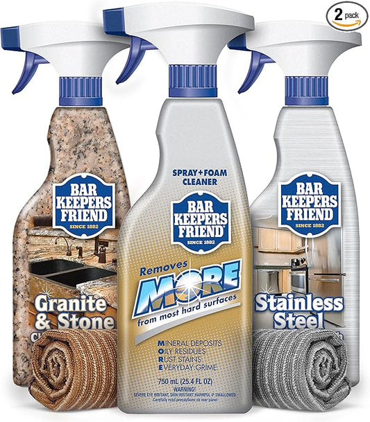 Bar Keepers Friend All Purpose Bundle - with Granite & Stone Cleaner & Polish (25.4 oz), Stainless Steel Cleaner & Polish (25.4 oz), MORE Spray & Foam Cleaner (25.4 oz), Granite & Stone Microfiber Cloth (1), Stainless Steel Microfiber Cloth (1)