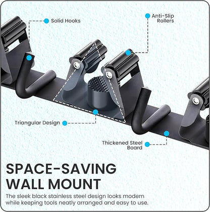 Wall Mount Broom Holder | Heavy Duty Stainless Steel Mop Organizer with 4 Racks & 5 Hooks for Kitchen, Bathroom, Garage, Garden & Laundry | Space Saving Black Wall Mounted Cleaning Tool Rack | 1 Pack