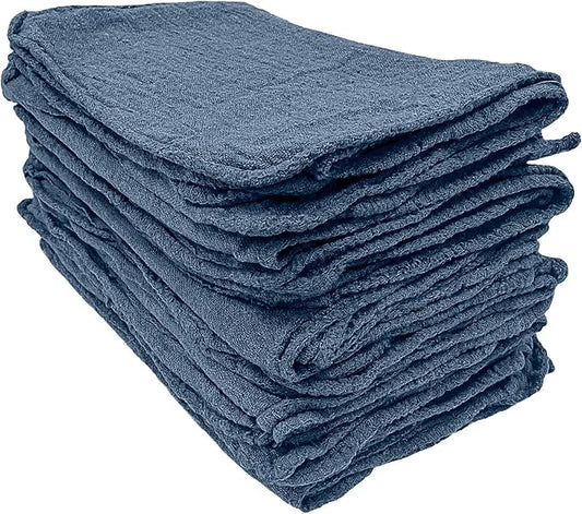 Detailer's Preference Absorbent Cotton Shop Towels, Reusable Cleaning Rags for Auto, Garage, Home, Kitchen, Industrial Use, Wipe Spills, Grease, Oil, Grime, Dirt & More, 11x12, 50-Pack, Blue