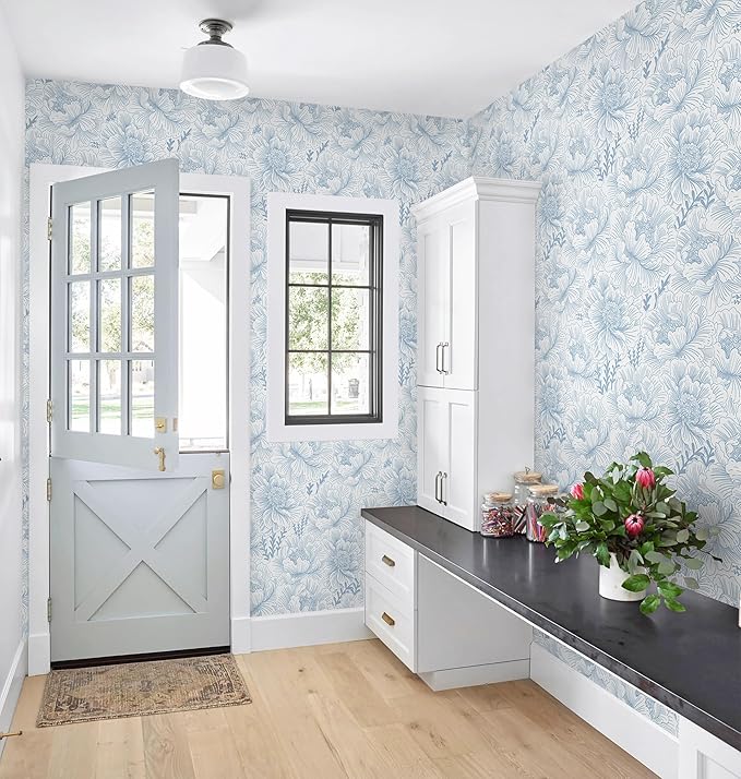 Guvana Peel and Stick Wallpaper Blue Floral Contact Paper Boho Wallpaper Modern Large Blue Flower Wall Paper for Bathroom Bedroom Living Room Accent Wall Removable Waterproof Vinyl Rolls 17.3in×197in
