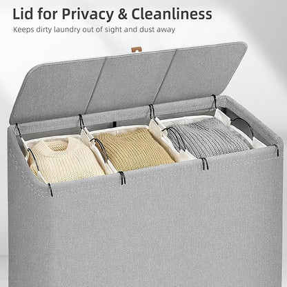 STORAGE MANIAC Triple Laundry Hamper with Lid, 180L Tall Metal Frame Laundry Baskets with Removeable Bag, Large Clothes Hamper with PU Tag, Laundry Bin for Dorm, Collage, Bathroom, Bedroom, Gray