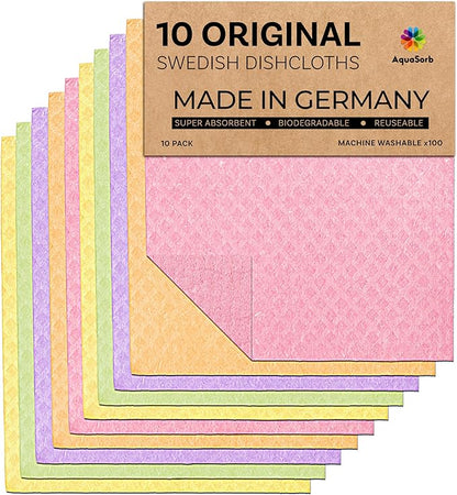 Aquasorb Swedish Dishcloths for Kitchen 10 Pack – Reusable Swedish Dish Cloths That Don't Smell, OEKO-TEX Certified Eco-Friendly Dish Cloths