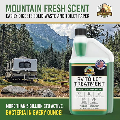Cabin Obsession RV Toilet Treatment (32 oz) - 2x Ultra Concentrated Liquid RV Black Tank Treatment with Easy Measure Spout, Mountain Fresh Scent, 32 Treatments