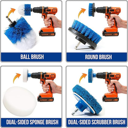RevoClean 4 Piece Scrub Brush Power Drill Attachments-All Purpose Time Saving Kit-Perfect for Cleaning Grout, Tile, Counter, Shower, Grill, Floor, Kitchen, Blue & White