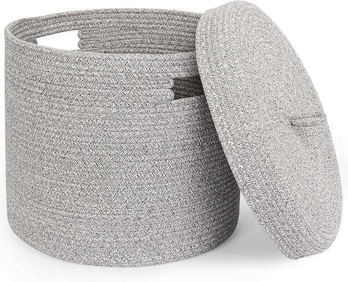 Storage Basket with Lid, Woven Blanket Storage for Living Room, Soft Cotton Rope Bin with Lid, Round Wicker Laundry Basket with Cover, Lidded Kid Dog Toy Box, Nursery Organizer, 15"x13", Gray
