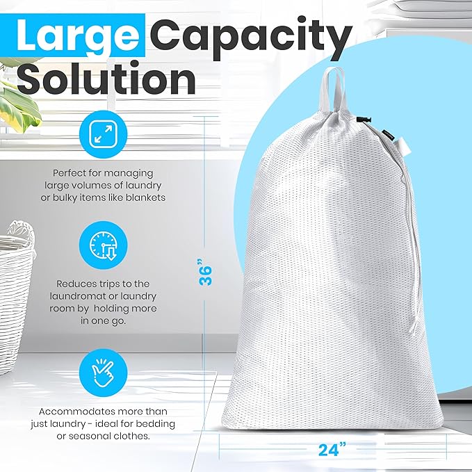 Handy Laundry Mesh Laundry Bag 24 x 36 Inches - Extra Large Heavy Duty Bag with Handles & Shoulder Strap, Breathable, Machine Washable for Dorm, Travel, Bedding & Storage - White