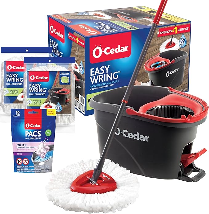 O-Cedar EasyWring Microfiber Spin Mop & Bucket Floor Cleaning System + 2 Extra Mop Head Replacements with Lavender Pac (Variety Pack)