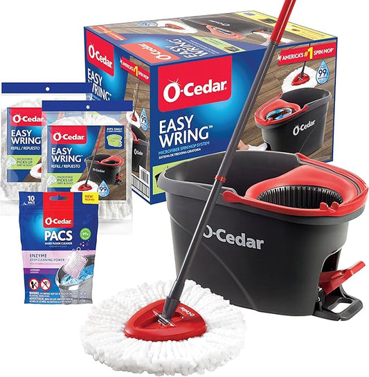 O-Cedar EasyWring Microfiber Spin Mop & Bucket Floor Cleaning System + 2 Extra Mop Head Replacements with Lavender Pac (Variety Pack)