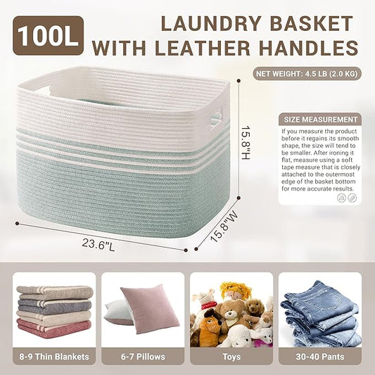 100L Extra Large Laundry Basket for Living Room Storage,Woven Rope Baskets for Blanket,Kids Toy,Gifts,Wicker Hamper for Bedroom Dirty Clothes,24"x16"x16" White Green