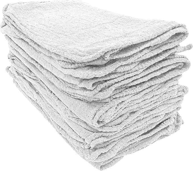 Detailer's Preference Absorbent Cotton Shop Towels, Reusable Cleaning Rags for Auto, Garage, Home, Kitchen, Industrial Use, Wipe Spills, Grease, Oil, Grime, Dirt & More, 11x12, 50-Pack, White