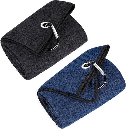Mile High Life Tri-fold Golf Towel | 16" X 24" | Premium Microfiber Fabric | Waffle Pattern | with Heavy Duty Carabiner Clip | for Men and Women (Black & Navy)