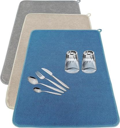 3 Pack Microfiber Dish Drying Mats,Ultra Absorbent Dish Drainer Mats,20x15" Large Size Kitchen Quick Dry Pads for Counter,Under Sink,Coffee Rack(Blue,Beige,Gray)