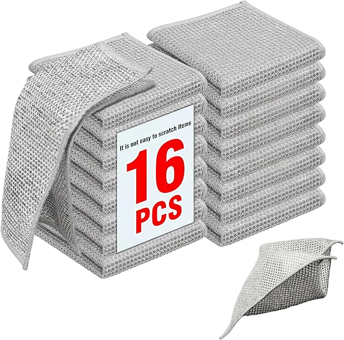 16 Pack Double-Layer Stainless Steel Dishcloths - Non-Scratch Wire Cleaning Rags, Reusablediamond Weave Scrubber Cloths for Dishes, Cookware, Sinks, Stove Tops - 7.8 x 7.8 Inches