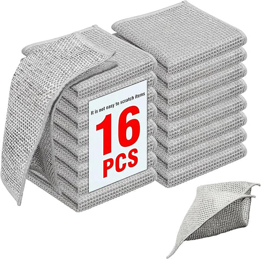 16 Pack Double-Layer Stainless Steel Dishcloths - Non-Scratch Wire Cleaning Rags, Reusablediamond Weave Scrubber Cloths for Dishes, Cookware, Sinks, Stove Tops - 7.8 x 7.8 Inches