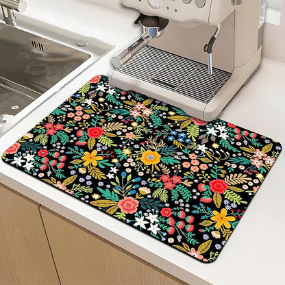 Dish Drying Mat for Multiple Usage. Super Absorbent, Easy clean, Quick dry, Cocina Accesorios for Kitchen Counter or Faucet Sink, Coffee bar, Refrigerator or Air fryer liners, 1 Pack wildflowers