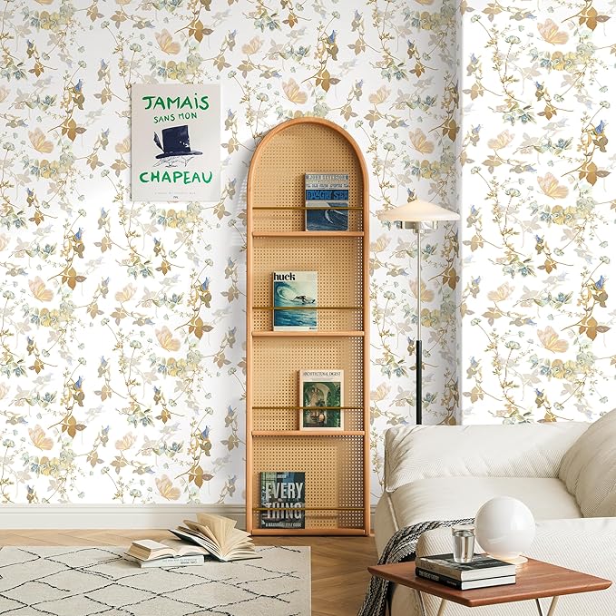Dimoon 78.7"x17.3" Peel and Stick Wallpaper Floral Beige White Boho Contact Paper Brown Wallpaper Removable Self Adhesive Waterproof Wall Paper Bedroom Bathroom Kitchen Thicken Vinyl Roll