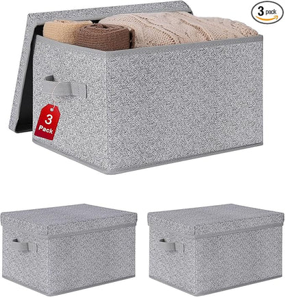 WUIKE Foldable Storage Bins with Lids, Storage Boxes with Handles, Closet Shelf Organizer, Fabric Storage Baskets for Bedroom, Decorative Storage Containers, Large, Ash Gray, 3-Pack