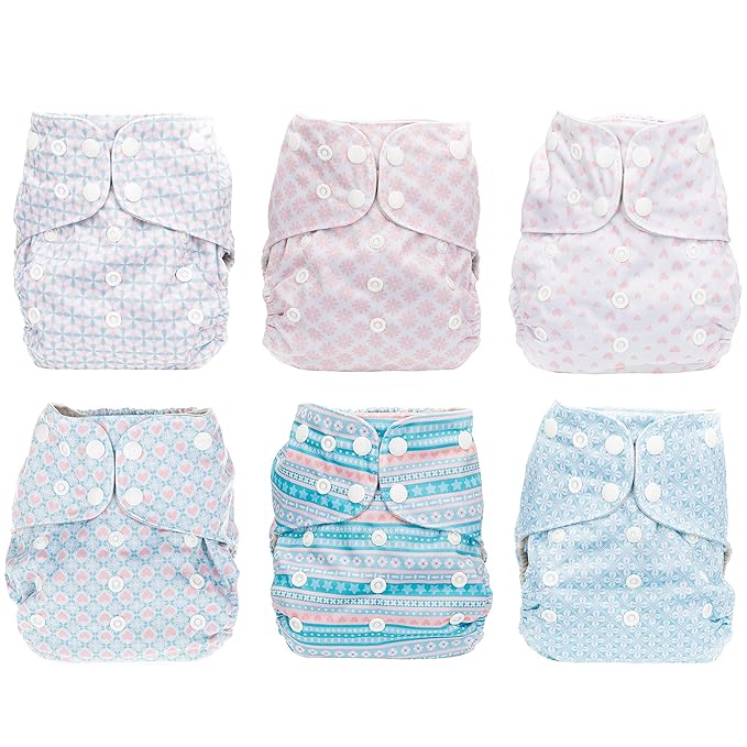 Simple Being Reusable Cloth Diapers, Double Gusset, One Size Adjustable, Washable Soft Absorbent, Waterproof Cover, Eco-Friendly Unisex Baby Girl Boy, six 4-Layers Microfiber Inserts (Stripes)
