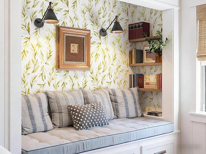 Livebor Leaf Peel and Stick Wallpaper Olive Leaf Contact Paper 17.7in x 393.7in Sage Floral Wallpaper Peel and Stick Floral Leaves Contact Paper Modern Farmhouse for Bedroom Neutral Decorative