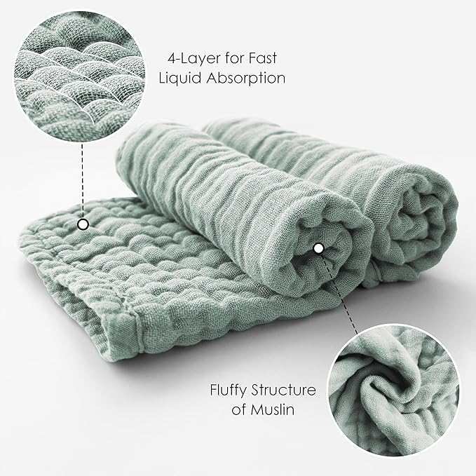 MOON PARK Baby Washcloths, 12 Pack - 12x12 Inches, Small Burp Cloths and Baby Wipes - 100% Cotton Muslin Ultra Soft for Newborn, Infant and Toddlers - Green